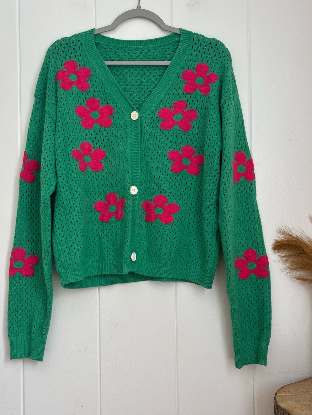 Green Floral Button-Front Cardigan Sweater with Pink Accents